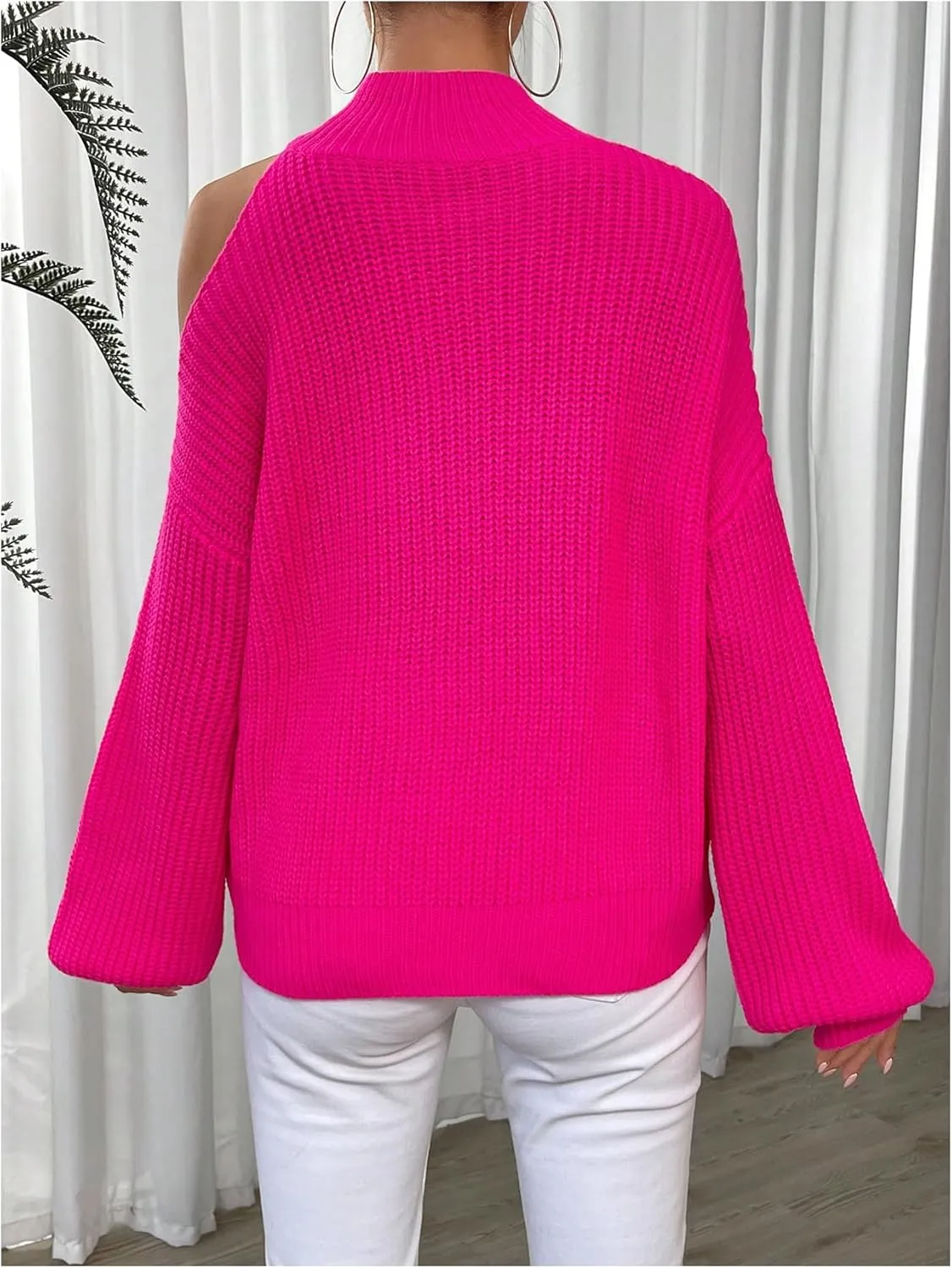 MakeMeChic Women's Mock Neck Cut Out Sweater Lantern Long Sleeve Asymmetrical Pullovers