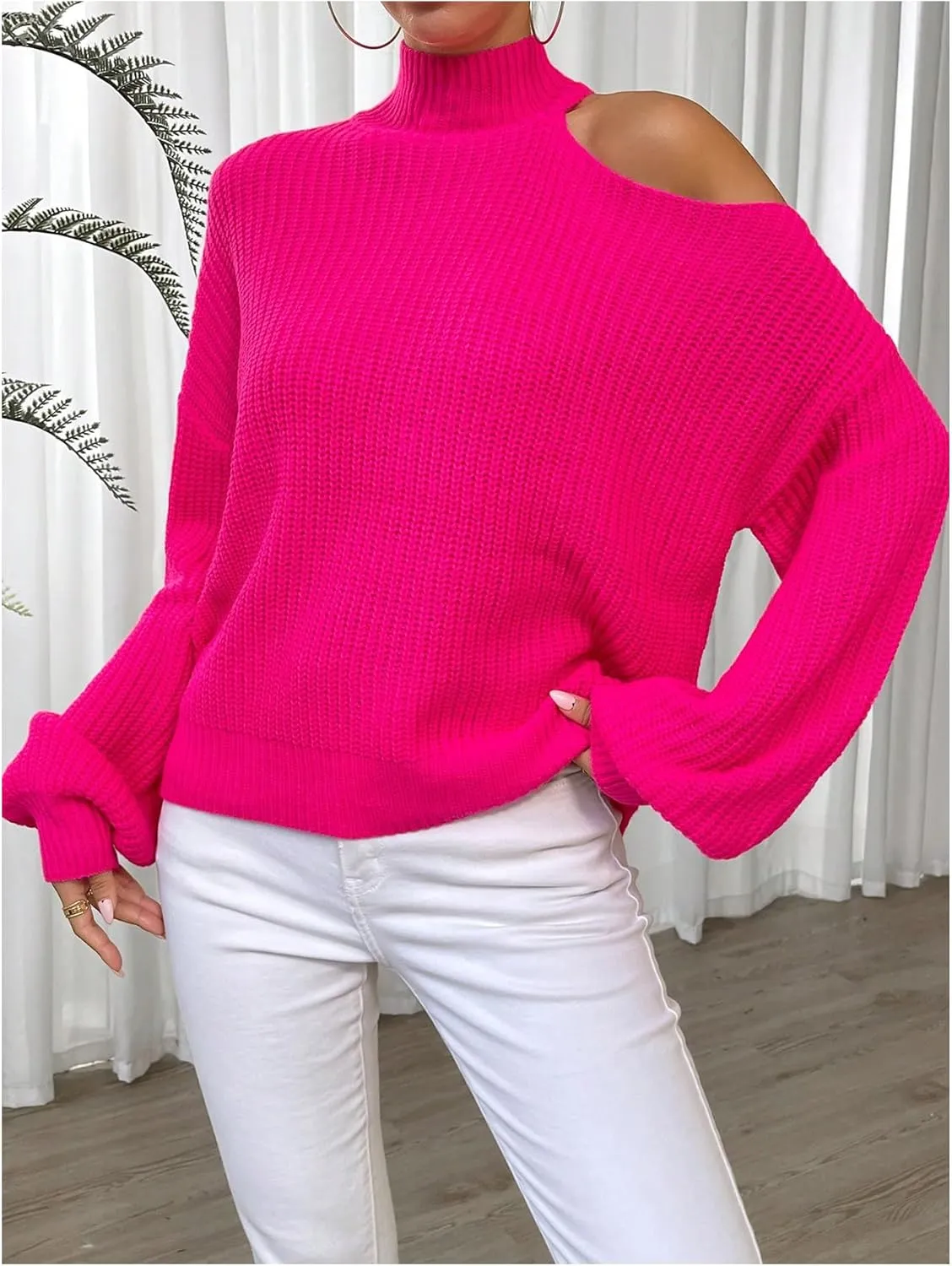 MakeMeChic Women's Mock Neck Cut Out Sweater Lantern Long Sleeve Asymmetrical Pullovers