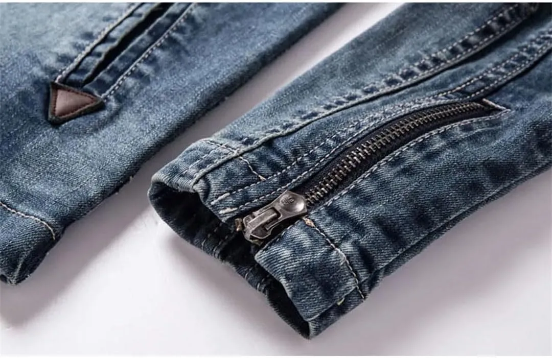 Men Denim Jackets Slim Fits Motocycle Denim Top Zipper Pocket Jean Outerwear