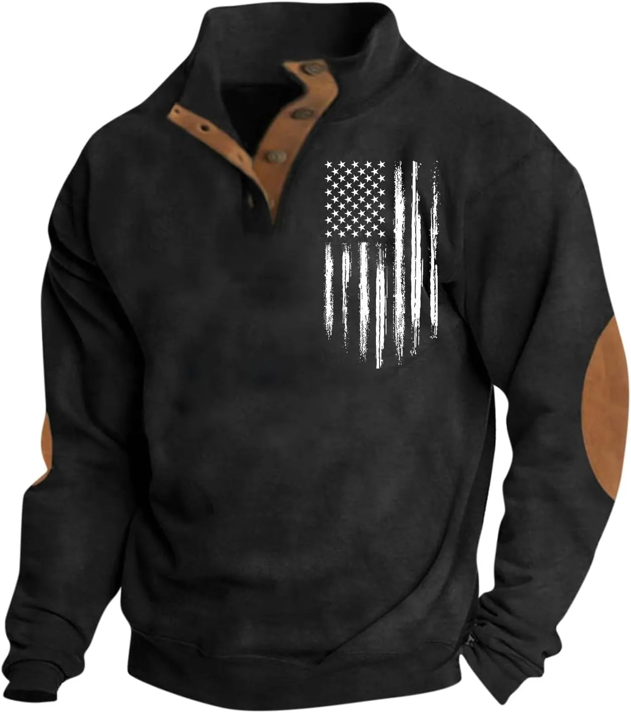 Men's American Flag Graphic Sweatshirts Button Stand Collar Long Sleeve Patriotic Pullover, S-3XL