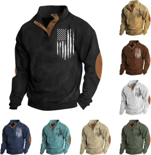 Men's American Flag Graphic Sweatshirts Button Stand Collar Long Sleeve Patriotic Pullover, S-3XL