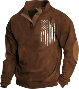 Men's American Flag Graphic Sweatshirts Button Stand Collar Long Sleeve Patriotic Pullover, S-3XL