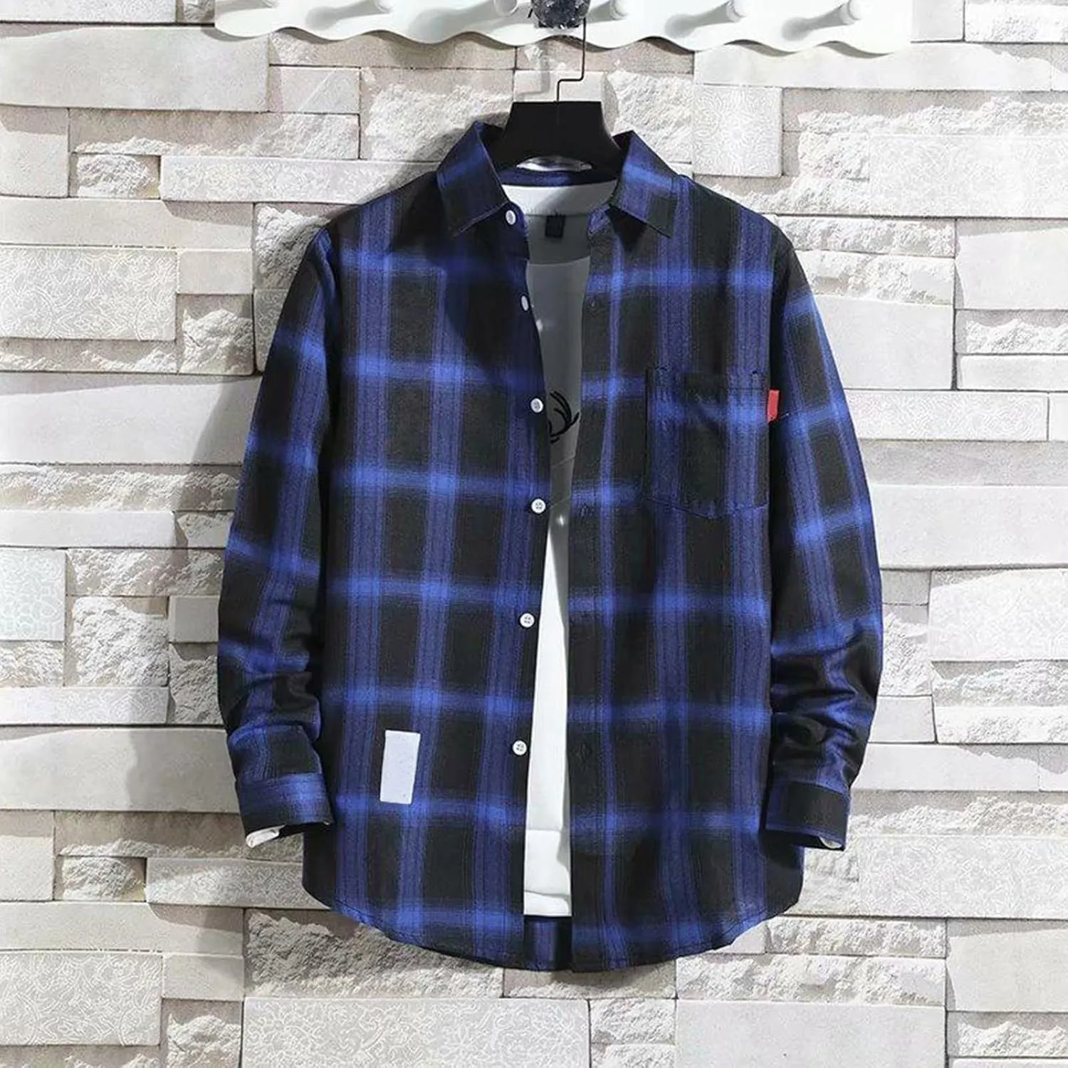 Mens Button Down Shirts Long Sleeve Slim Fit Shirts Vintage Checked Casual Stylish T-Shirts Fall Cardigan with Pockets