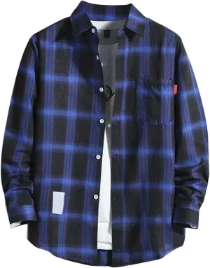 Mens Button Down Shirts Long Sleeve Slim Fit Shirts Vintage Checked Casual Stylish T-Shirts Fall Cardigan with Pockets