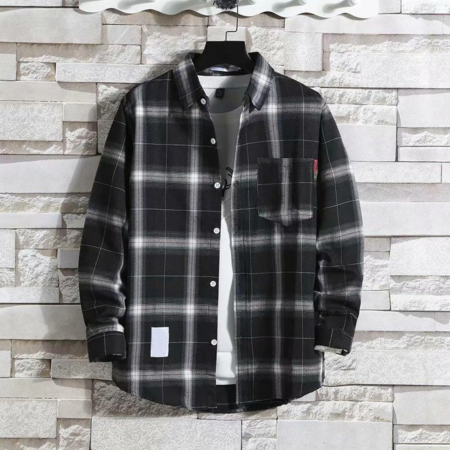 Mens Button Down Shirts Long Sleeve Slim Fit Shirts Vintage Checked Casual Stylish T-Shirts Fall Cardigan with Pockets