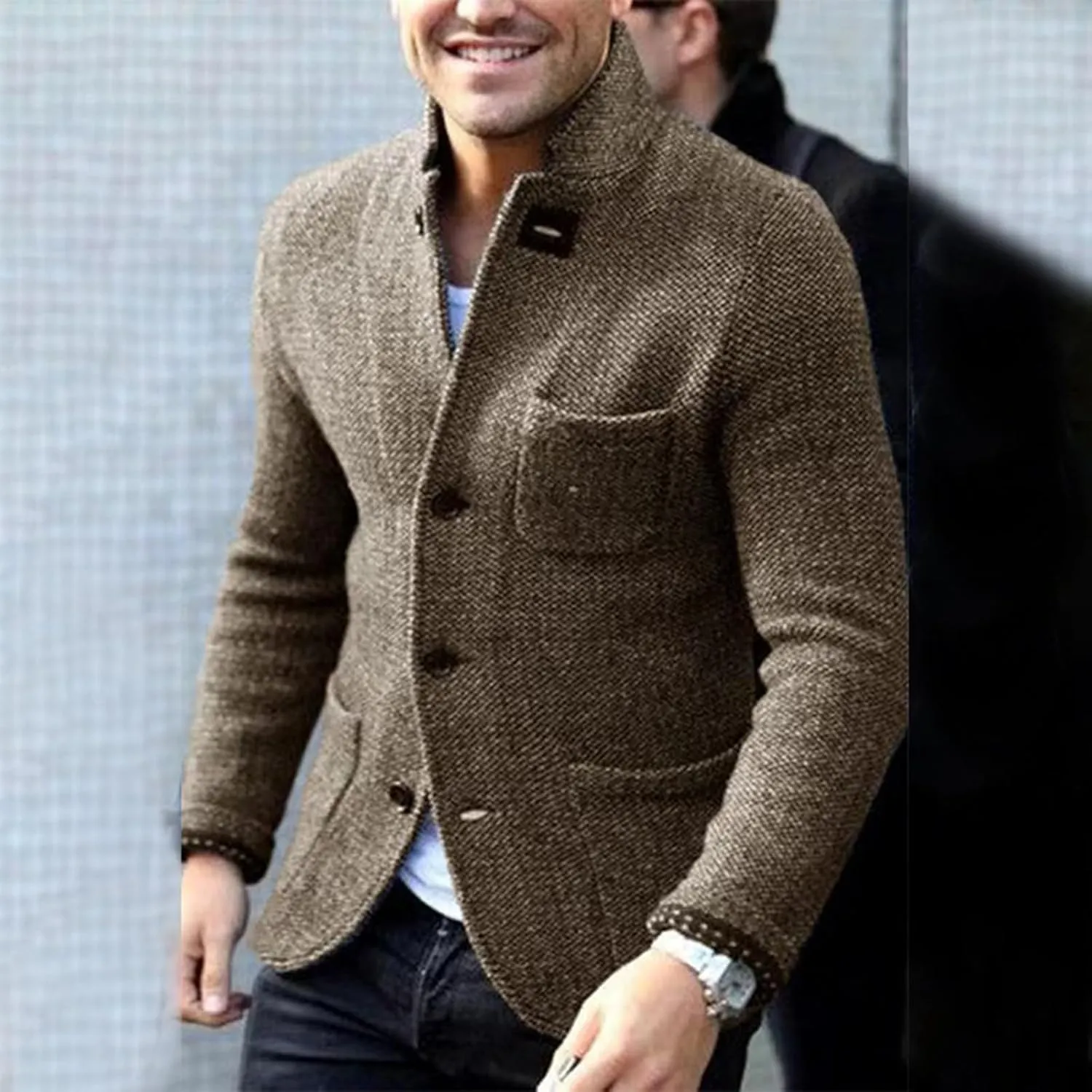 Men's Cardigan Sweater Mock Turtleneck Long Sleeve Button Down Cable Knit Sweaters Winter Thermal Fleece Jacket with Pockets