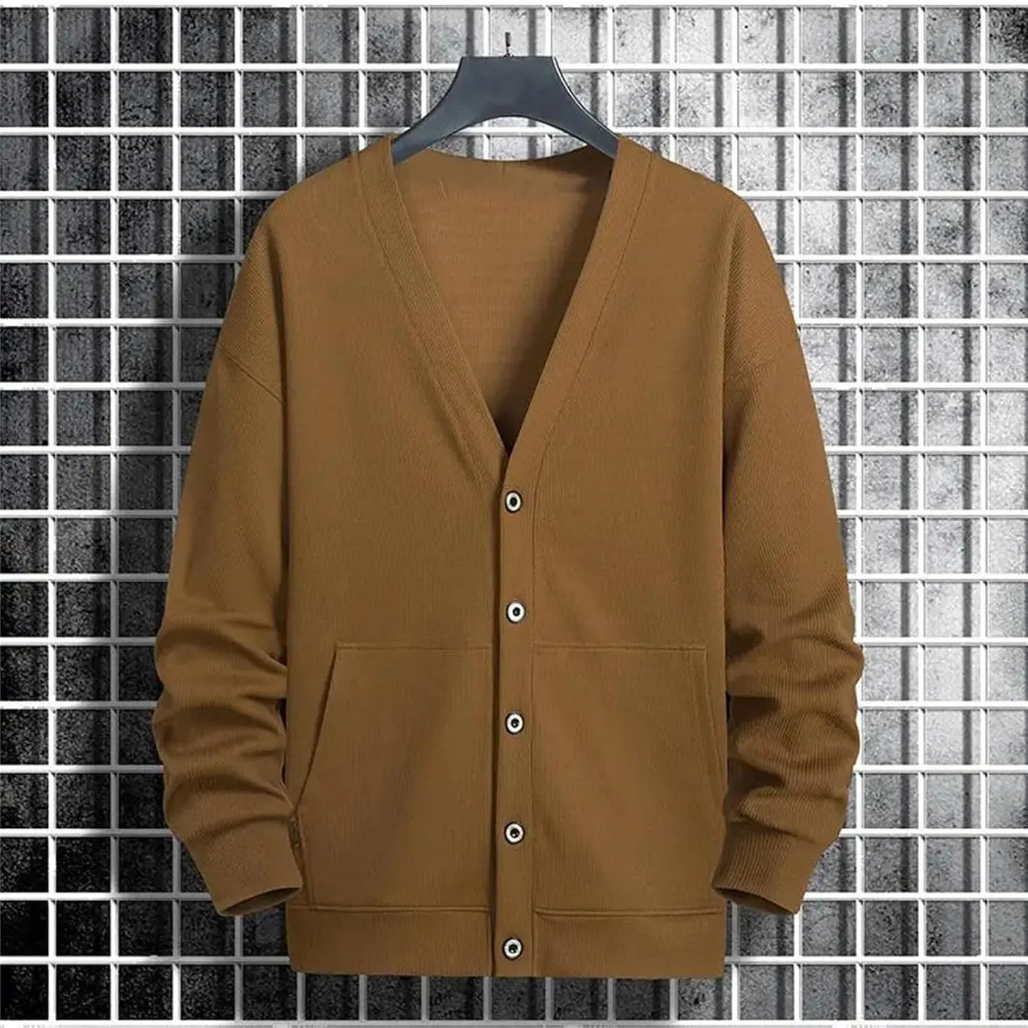 Men's Cardigan Sweaters V Neck Button Down Sweaters with Pockets Solid Color Long-Sleeved Sweaters Large