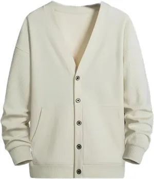Men's Cardigan Sweaters V Neck Button Down Sweaters with Pockets Solid Color Long-Sleeved Sweaters Large