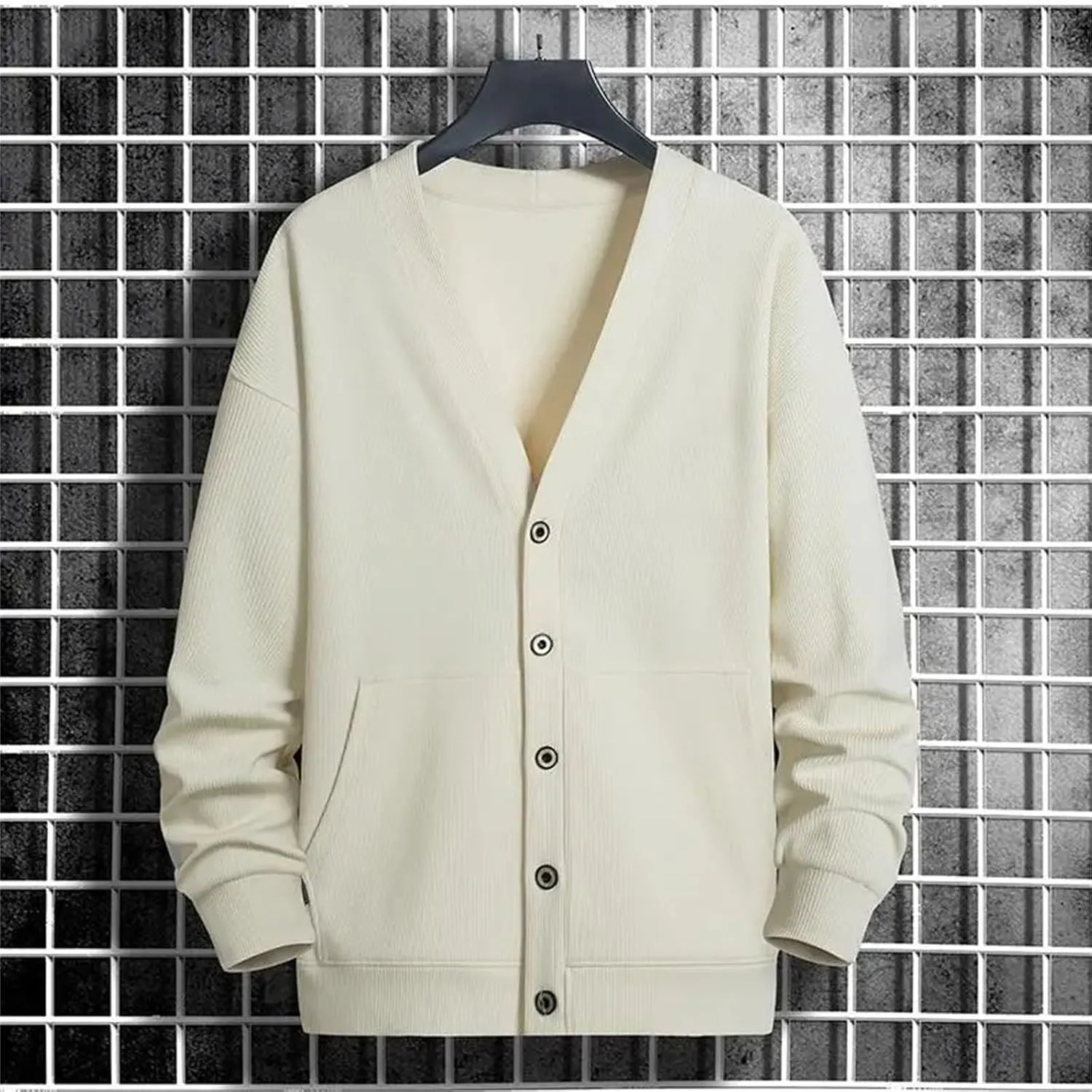 Men's Cardigan Sweaters V Neck Button Down Sweaters with Pockets Solid Color Long-Sleeved Sweaters Large