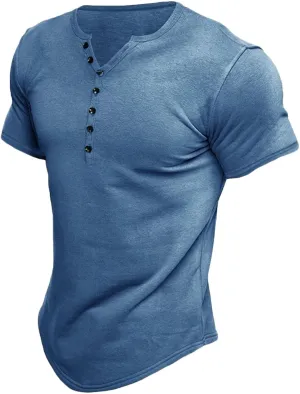 Men's Casual Button Cotton T Shirts Short Sleeve V-Neck Slim Fit Stretch Solid Shirt Classic Basic Pullover Tops