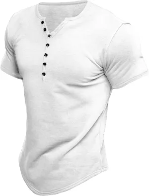 Men's Casual Button Cotton T Shirts Short Sleeve V-Neck Slim Fit Stretch Solid Shirt Classic Basic Pullover Tops
