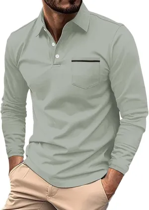 Men's Casual Patchwork Polo Shirts Classic Button Basic Long Sleeve Shirt Stretch Soft Basic Tees Golf Stylish Tops