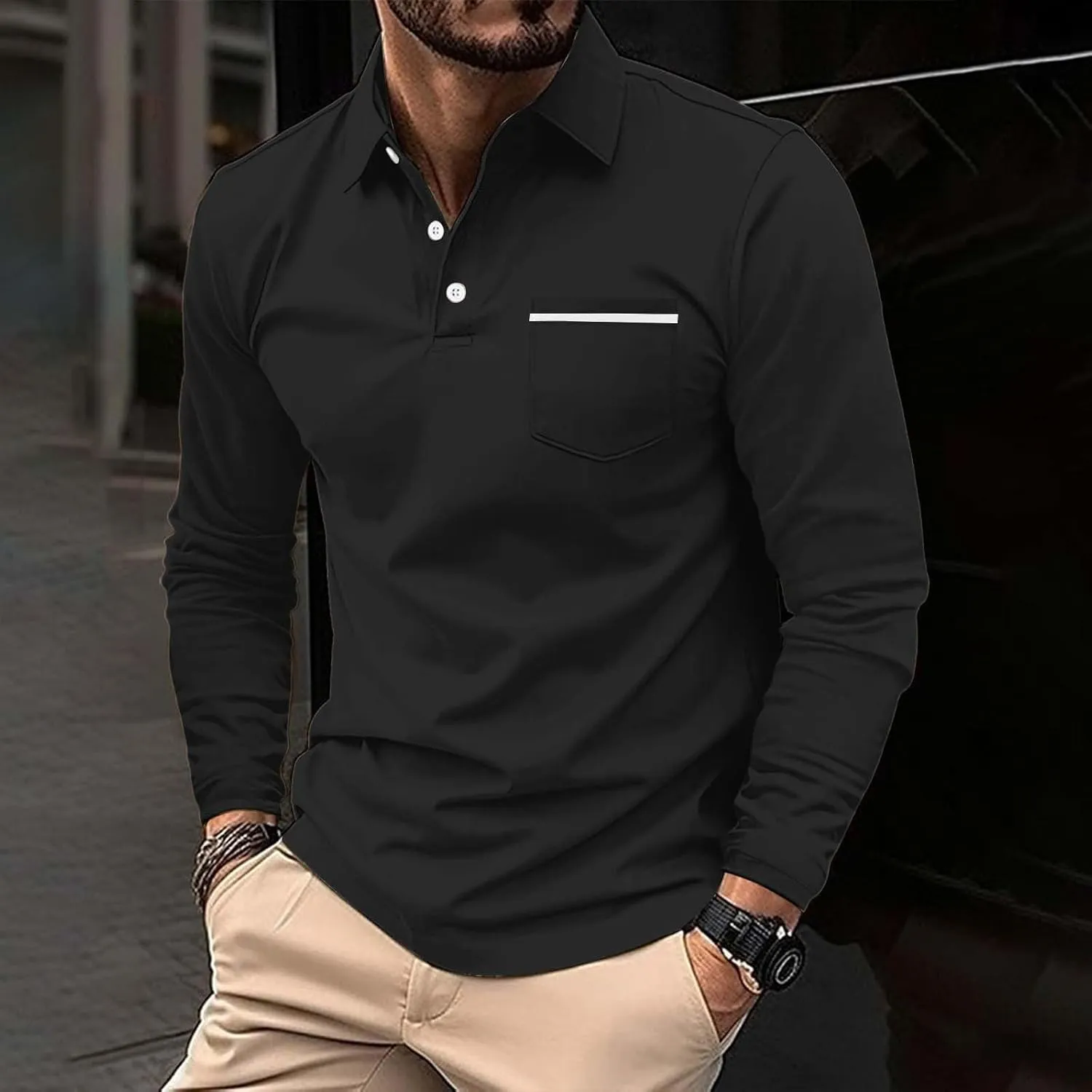 Men's Casual Patchwork Polo Shirts Classic Button Basic Long Sleeve Shirt Stretch Soft Basic Tees Golf Stylish Tops