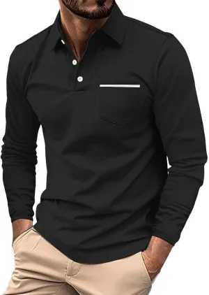 Men's Casual Patchwork Polo Shirts Classic Button Basic Long Sleeve Shirt Stretch Soft Basic Tees Golf Stylish Tops