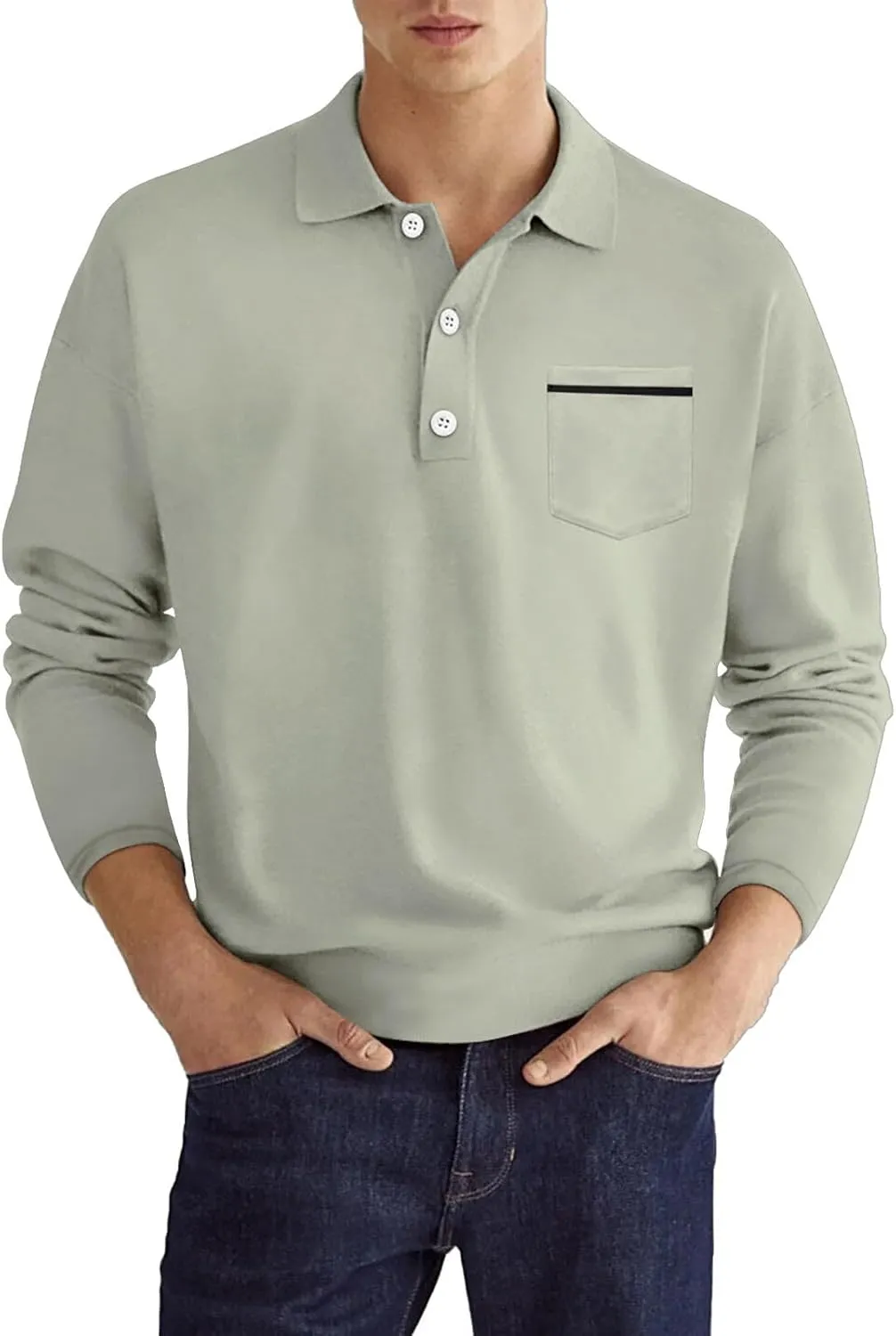 Men's Casual Patchwork Polo Shirts Classic Button Basic Long Sleeve Shirt Stretch Soft Basic Tees Golf Stylish Tops