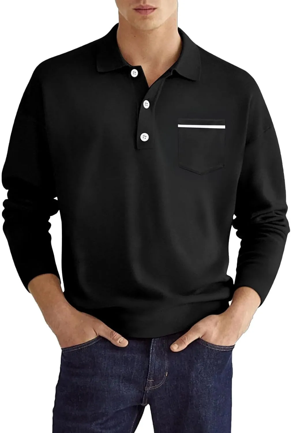 Men's Casual Patchwork Polo Shirts Classic Button Basic Long Sleeve Shirt Stretch Soft Basic Tees Golf Stylish Tops