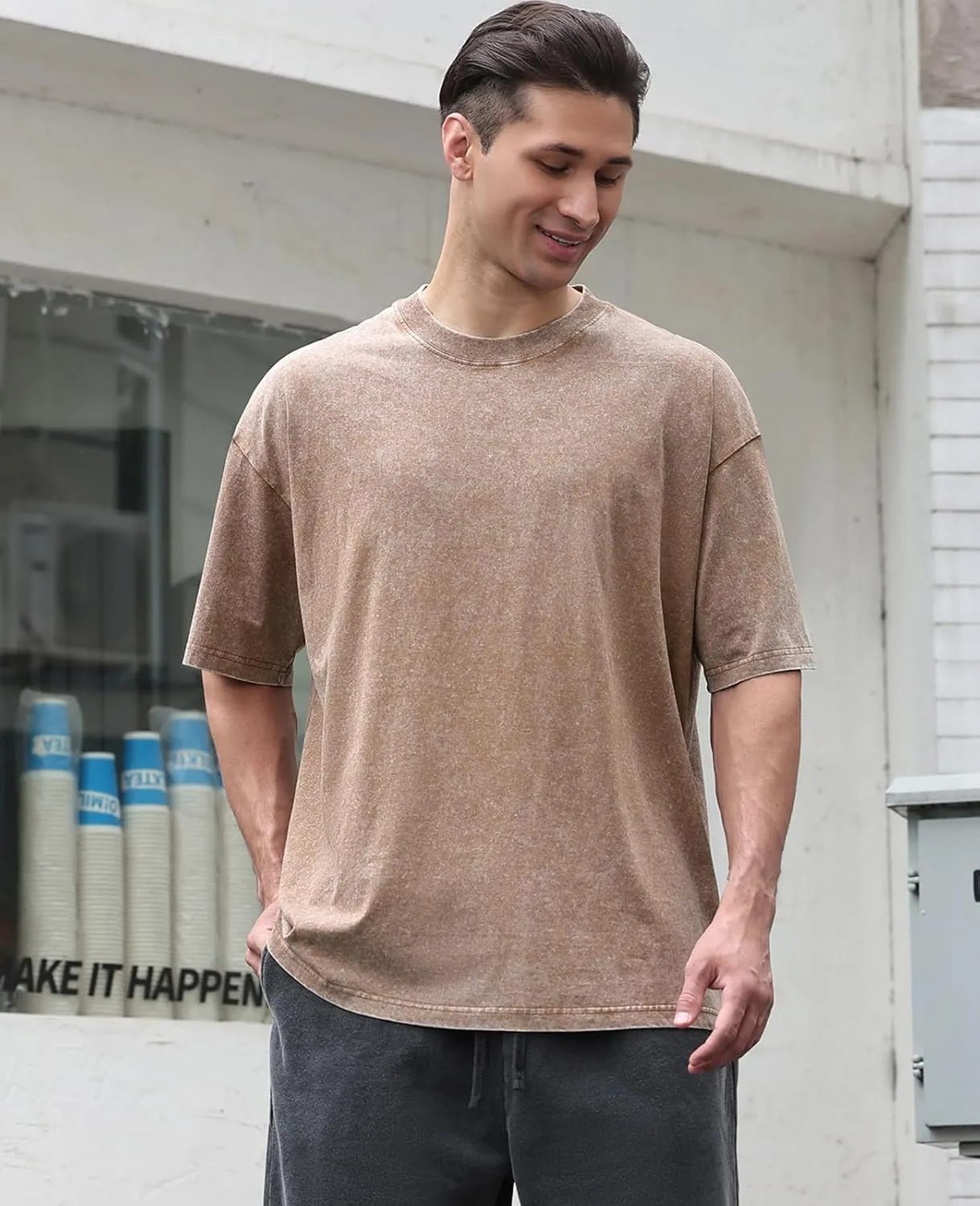 Men's Cotton T-Shirts Oversized Unisex Short Sleeves Casual Loose Wash Solid Basic Tee Tops