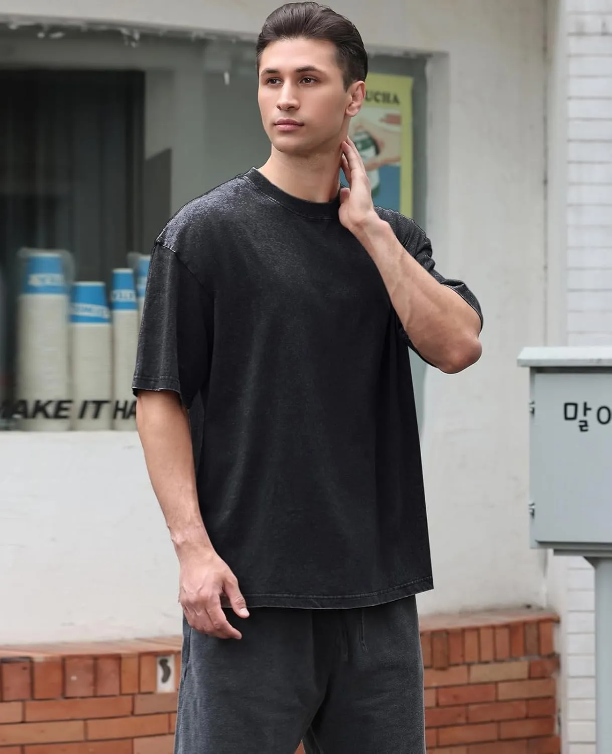 Men's Cotton T-Shirts Oversized Unisex Short Sleeves Casual Loose Wash Solid Basic Tee Tops