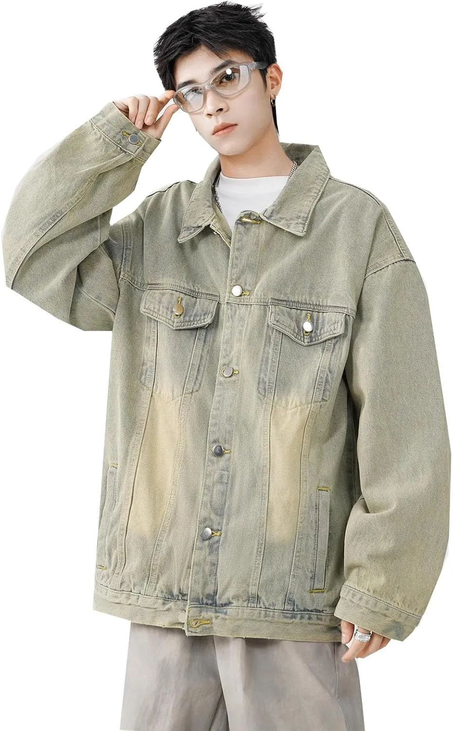 Men's Denim Jacket Retro American Loose Workwear Denim Coat for Men