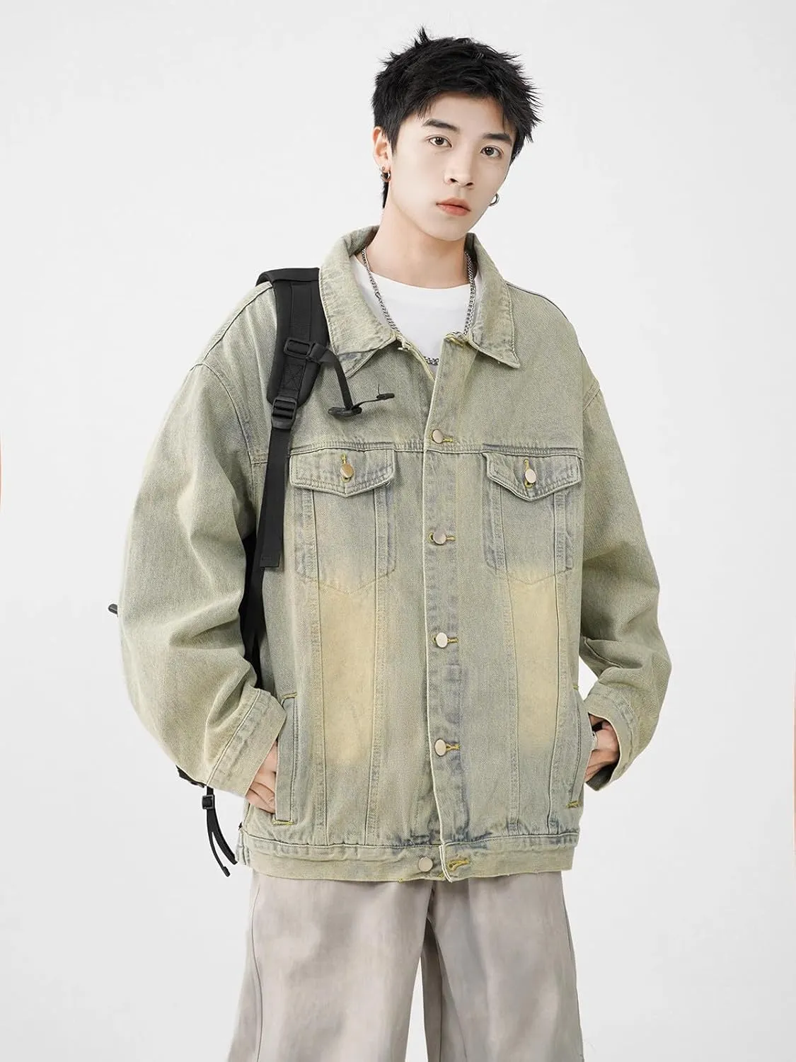 Men's Denim Jacket Retro American Loose Workwear Denim Coat for Men