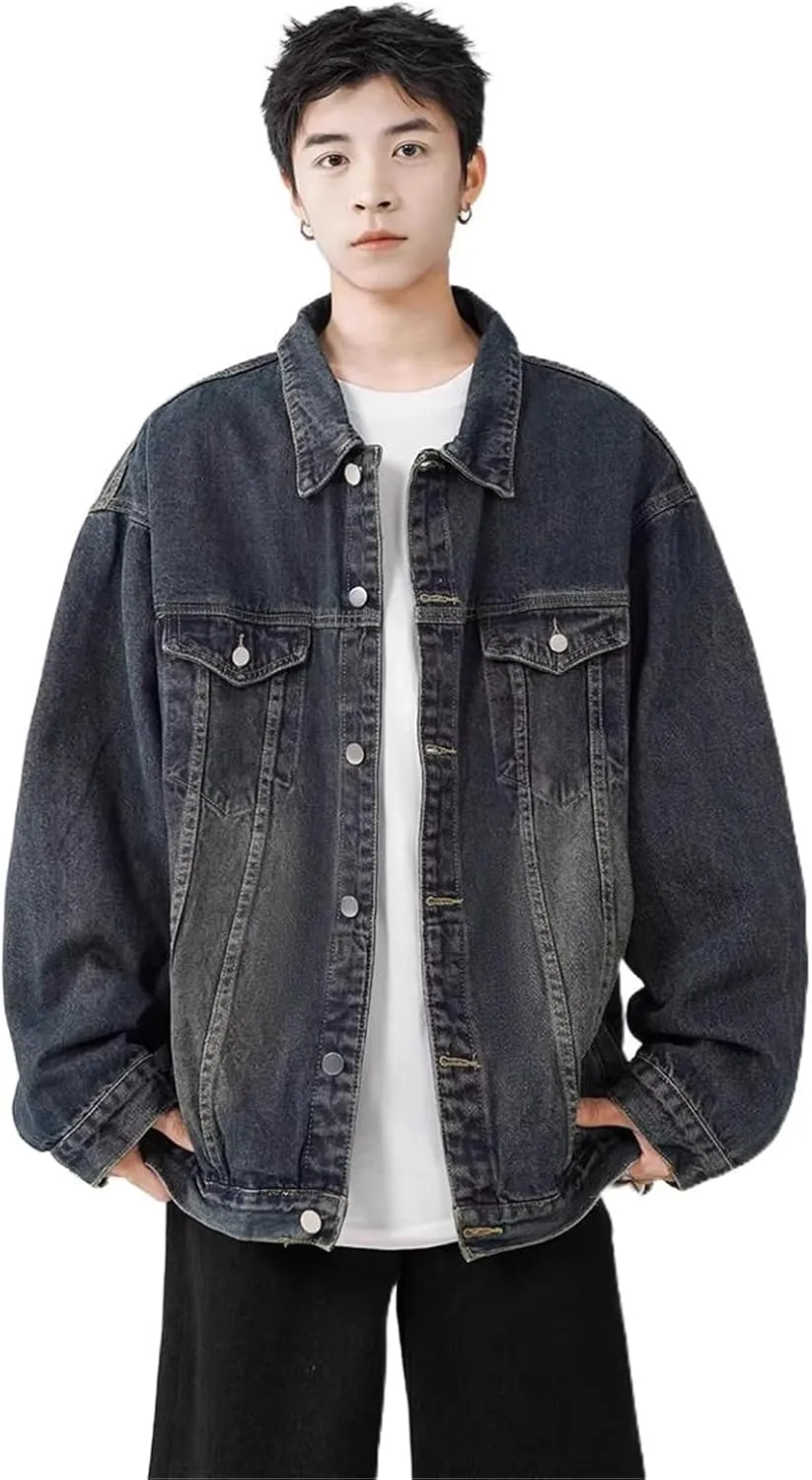 Men's Denim Jacket Retro American Loose Workwear Denim Coat for Men