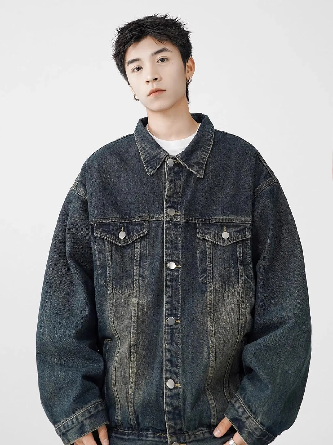Men's Denim Jacket Retro American Loose Workwear Denim Coat for Men