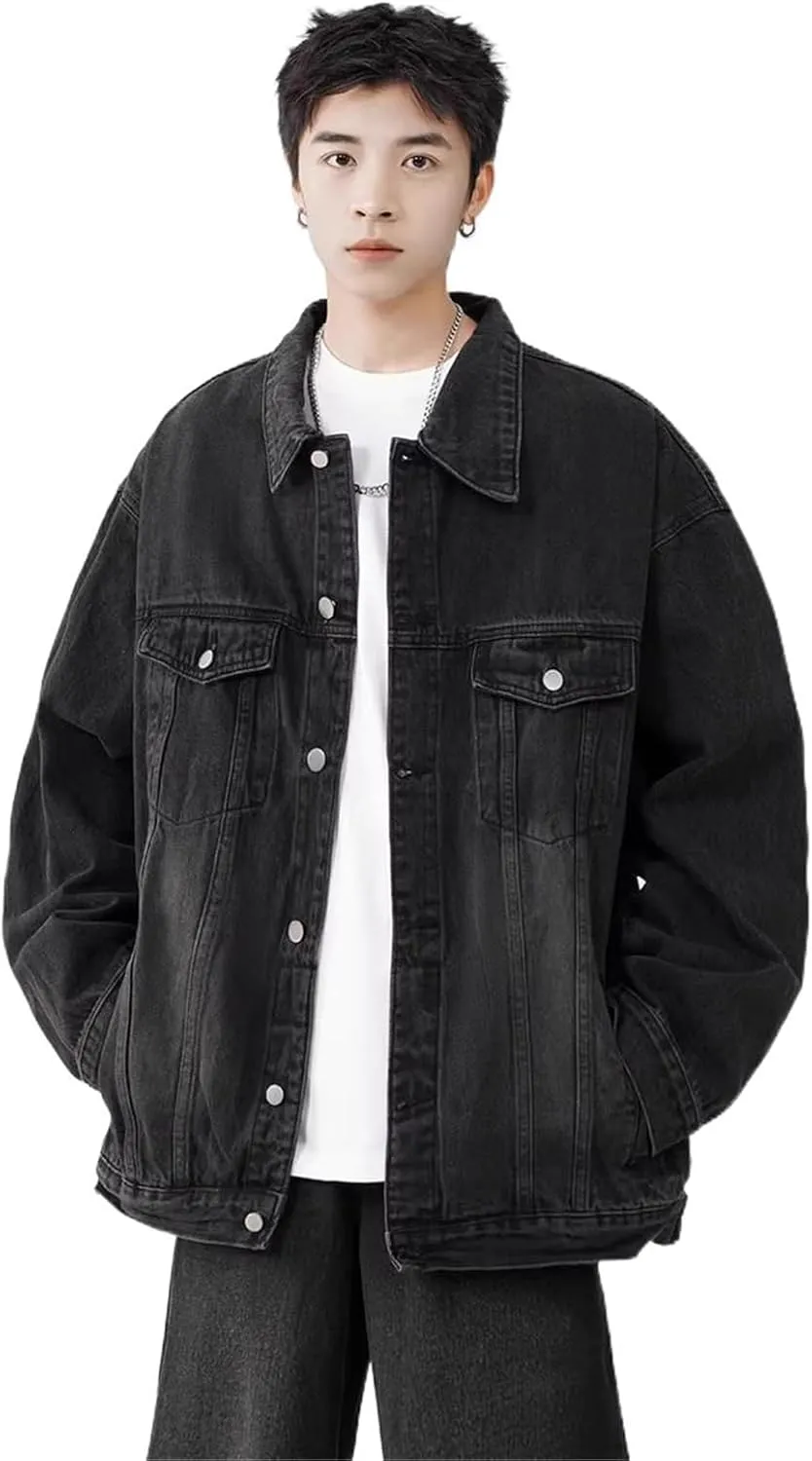 Men's Denim Jacket Retro American Loose Workwear Denim Coat for Men