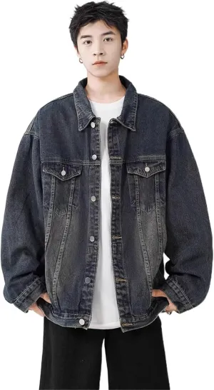 Men's Denim Jacket Retro American Loose Workwear Denim Coat for Men