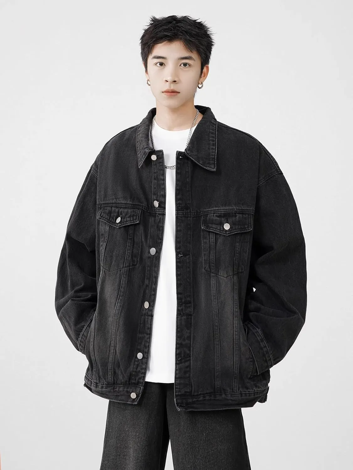 Men's Denim Jacket Retro American Loose Workwear Denim Coat for Men