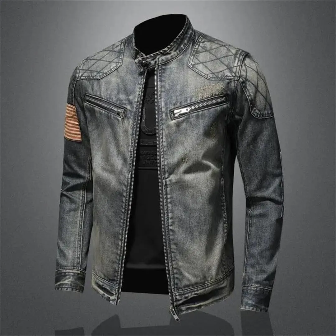 Men's Denim Jacket Stand-Up Collar Zipper Denim Top Jacket