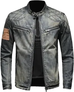 Men's Denim Jacket Stand-Up Collar Zipper Denim Top Jacket