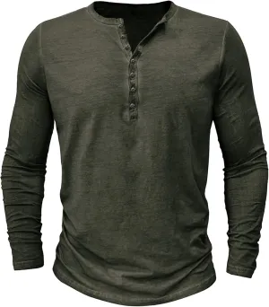 Mens Distressed Henley Shirts Classic Retro Long Sleeve Cotton Tee Shirts Casual Button Down Washed T-Shirts