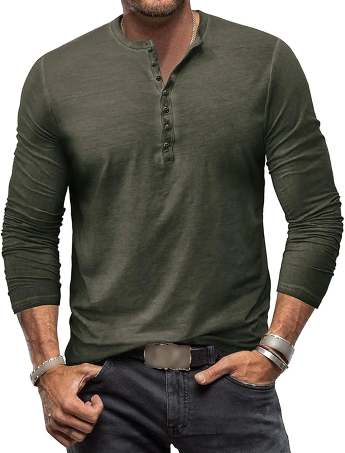 Mens Distressed Henley Shirts Classic Retro Long Sleeve Cotton Tee Shirts Casual Button Down Washed T-Shirts