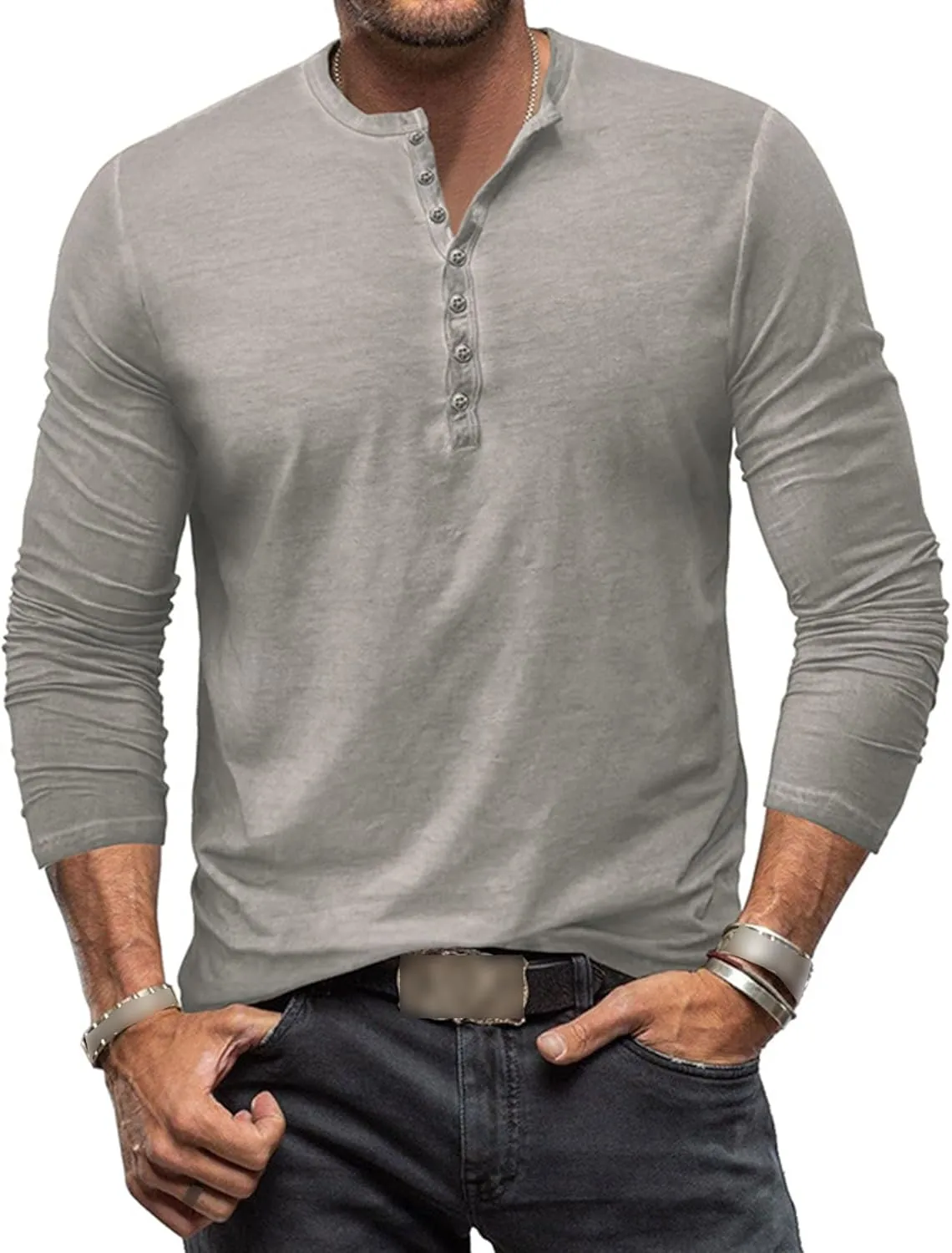 Mens Distressed Henley Shirts Classic Retro Long Sleeve Cotton Tee Shirts Casual Button Down Washed T-Shirts