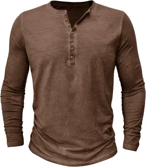 Mens Distressed Henley Shirts Classic Retro Long Sleeve Cotton Tee Shirts Casual Button Down Washed T-Shirts