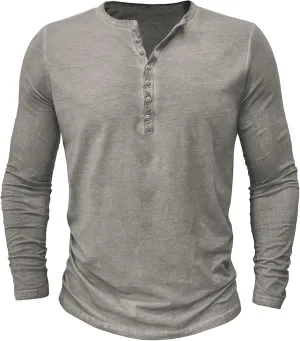 Mens Distressed Henley Shirts Classic Retro Long Sleeve Cotton Tee Shirts Casual Button Down Washed T-Shirts