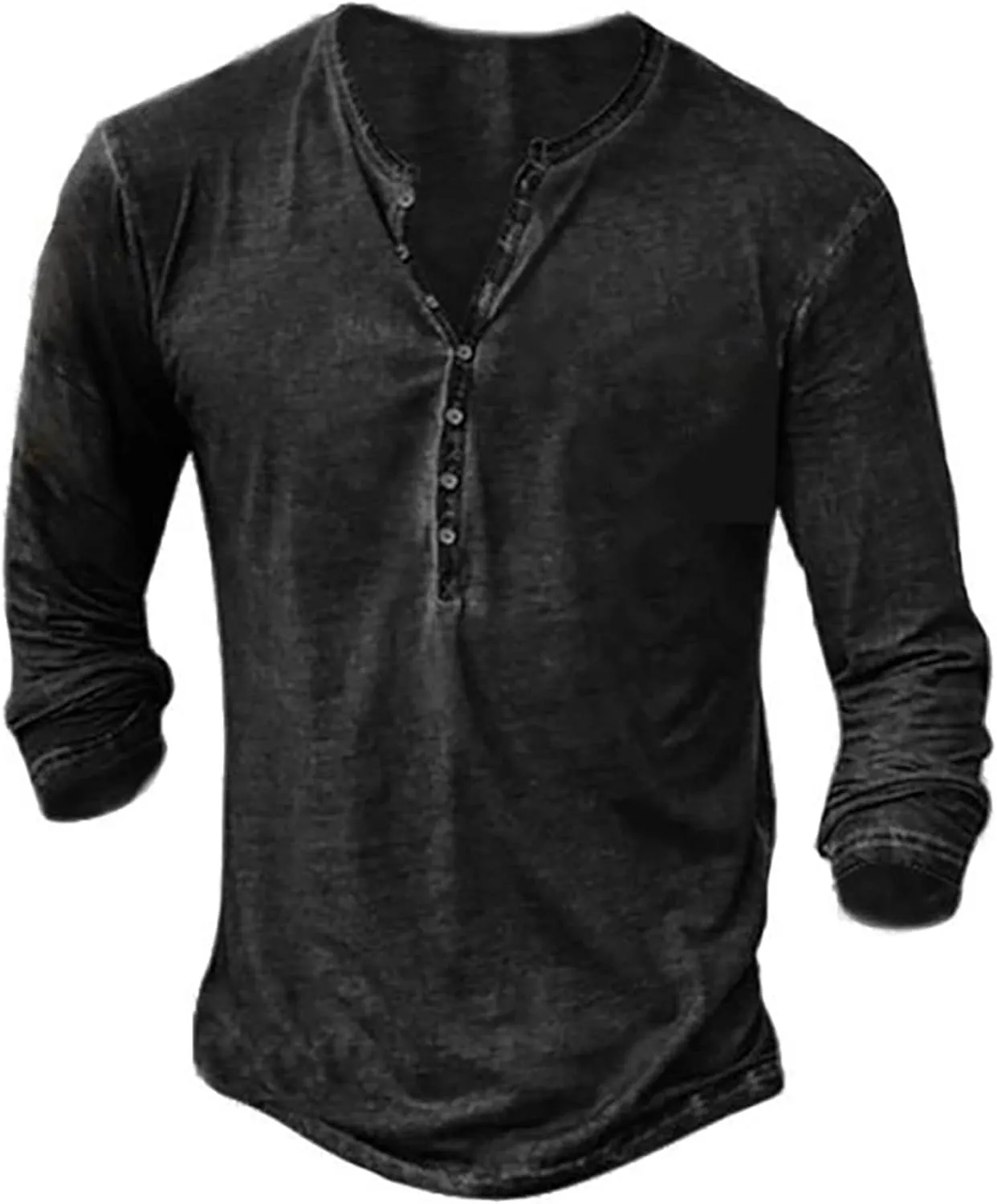 Mens Distressed Henley Shirts Front Placket Retro Long Sleeve Tee Shirts Casual Button Down Washed T-Shirts for Men