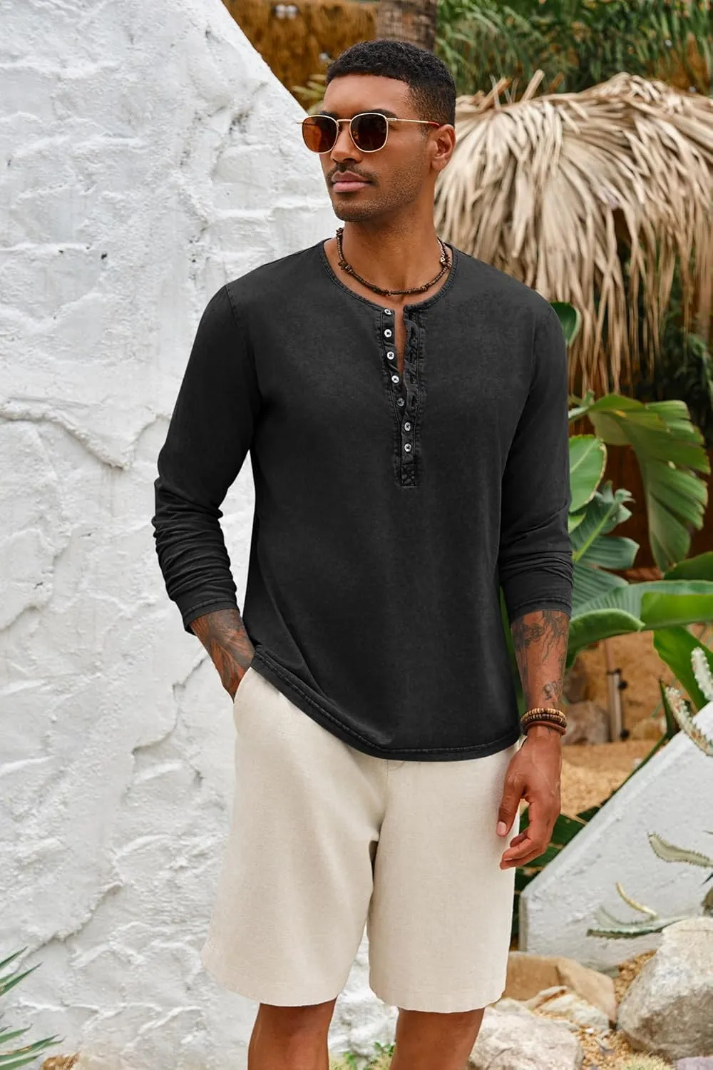 Mens Distressed Henley Shirts Front Placket Retro Long Sleeve Tee Shirts Casual Button Down Washed T-Shirts for Men