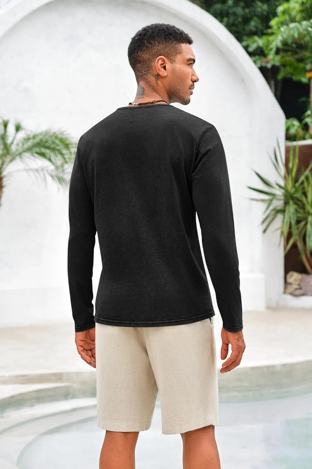 Mens Distressed Henley Shirts Front Placket Retro Long Sleeve Tee Shirts Casual Button Down Washed T-Shirts for Men