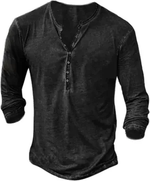 Mens Distressed Henley Shirts Front Placket Retro Long Sleeve Tee Shirts Casual Button Down Washed T-Shirts for Men