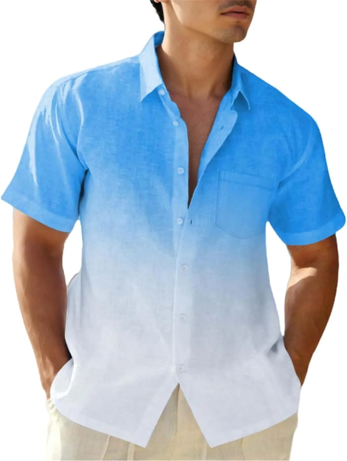 Men's Gradient Shirts Oversize Casual Short Sleeve Button Down Shirts UPF50  UV Protection Quick Dry Summer Beach T Shirts