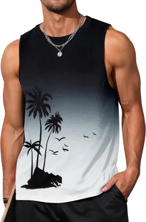 Mens Graphic Tank Tops Sleeveless Muscle Shirts Beach Hawaiian Coconut Tree Patriotic Tank Tops