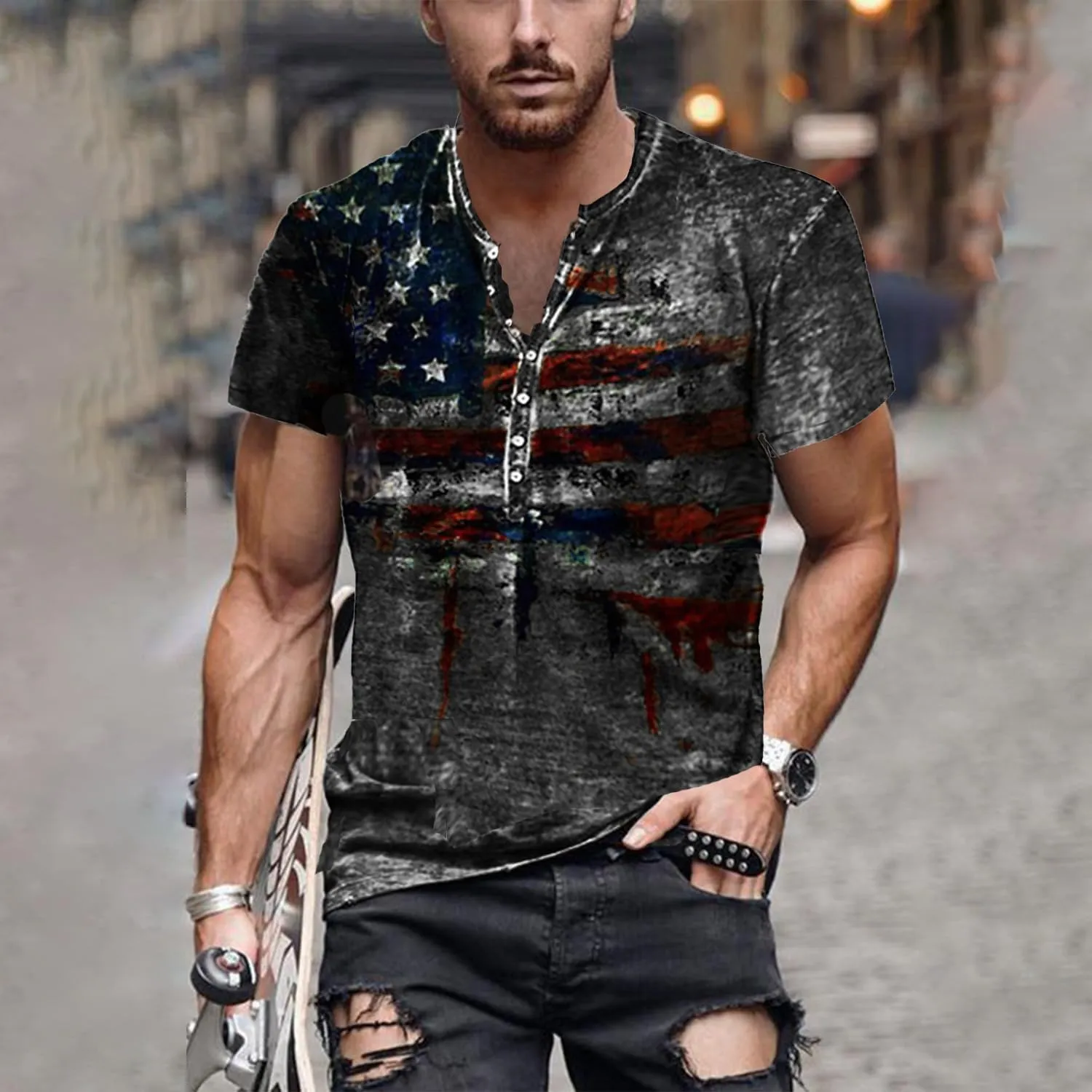 Mens Henley Shirts Retro Short Sleeve Tee V Neck Shirts Casual Button Down Washed T-Shirts for Men S~2XL