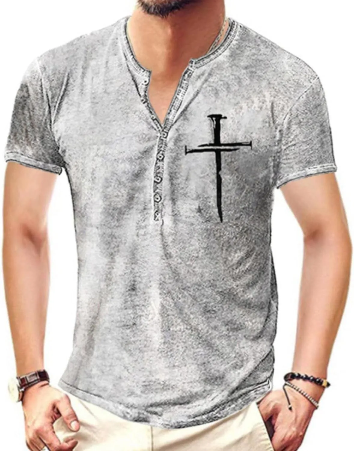 Mens Henley Shirts Retro Short Sleeve Tee V Neck Shirts Casual Button Down Washed T-Shirts for Men S~2XL