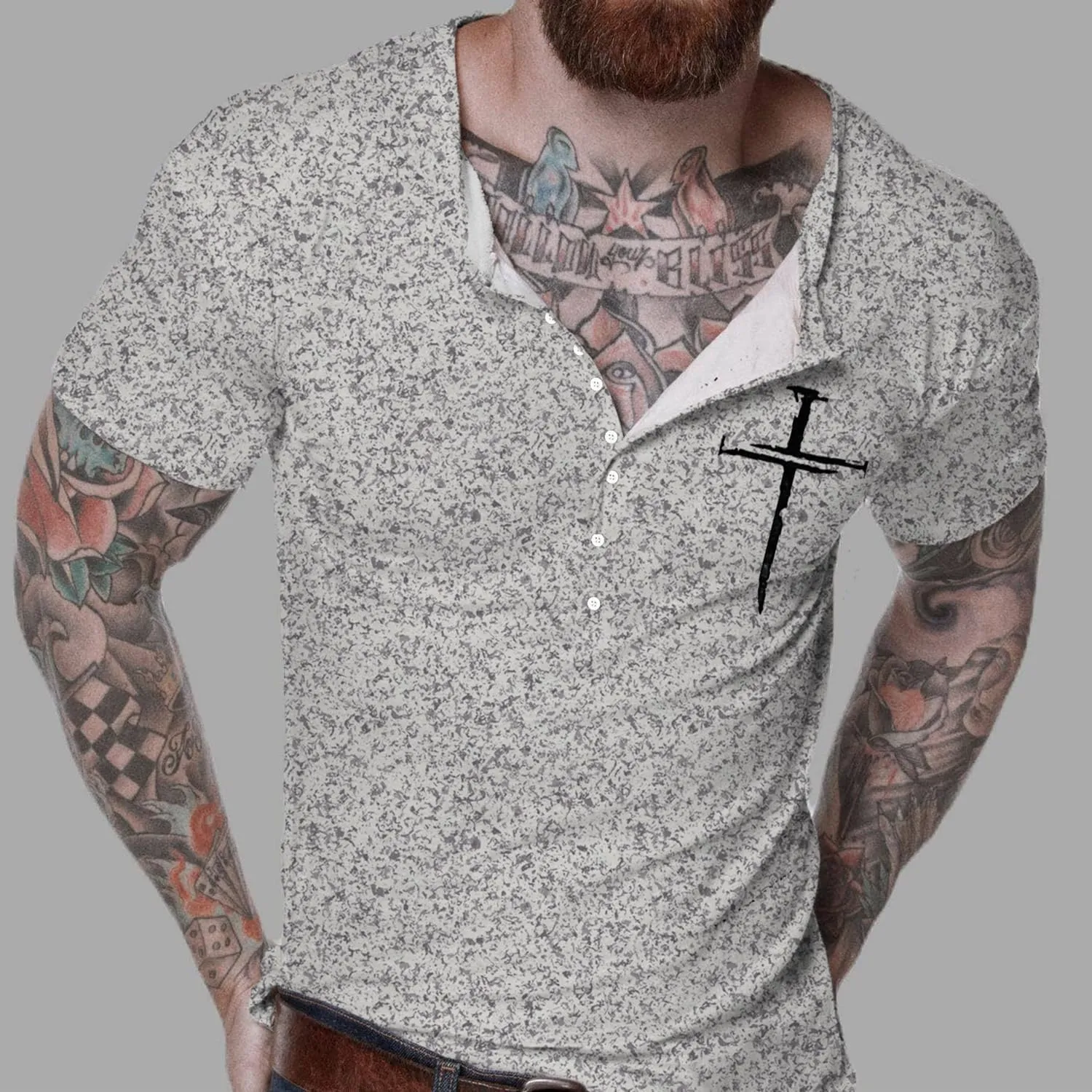 Mens Henley Shirts Retro Short Sleeve Tee V Neck Shirts Casual Button Down Washed T-Shirts for Men S~2XL