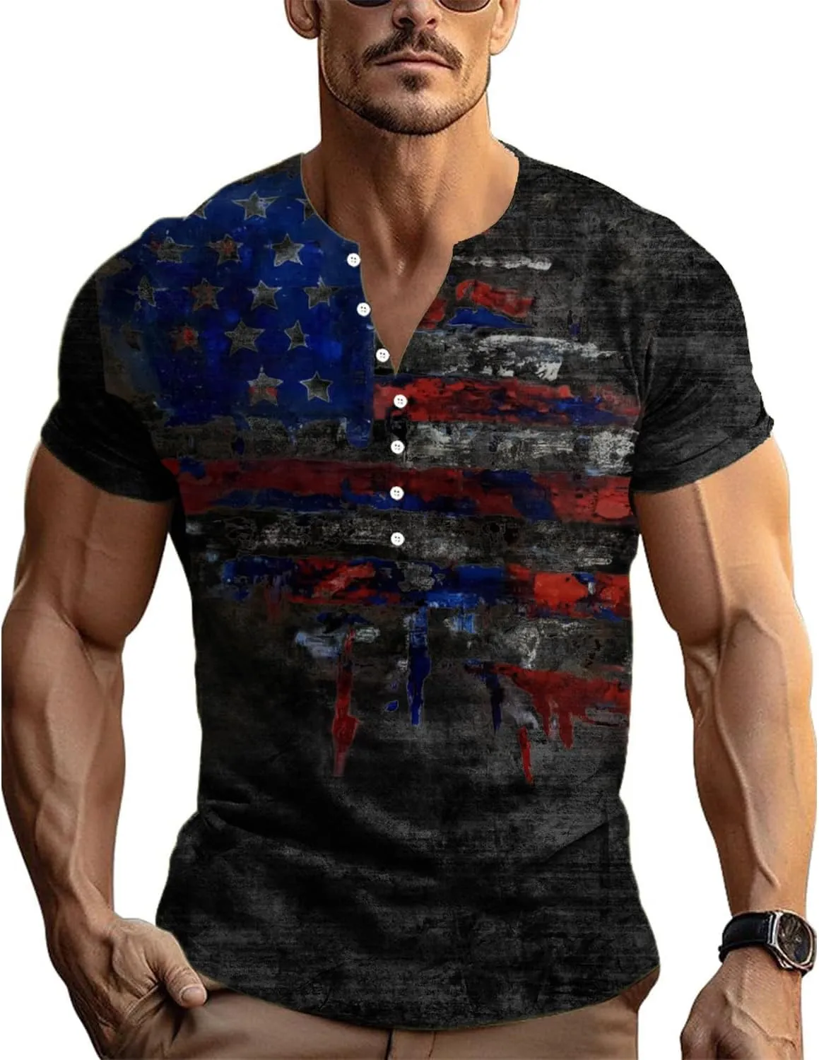 Mens Henley Shirts Retro Short Sleeve Tee V Neck Shirts Casual Button Down Washed T-Shirts for Men S~2XL
