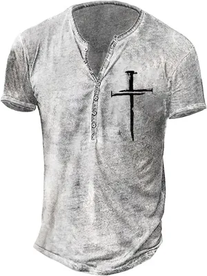Mens Henley Shirts Retro Short Sleeve Tee V Neck Shirts Casual Button Down Washed T-Shirts for Men S~2XL