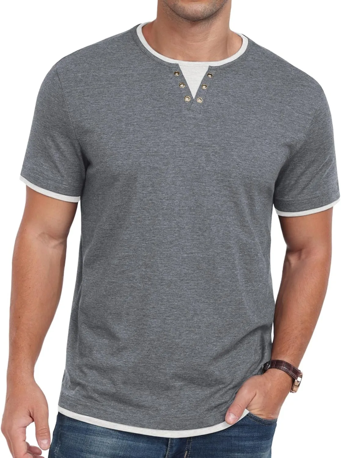 Men's Henley T-Shirt Short Sleeve Casual Lightweight Pullover Shirts Soft Stretch Basic Tees V Neck Metal Design Tops