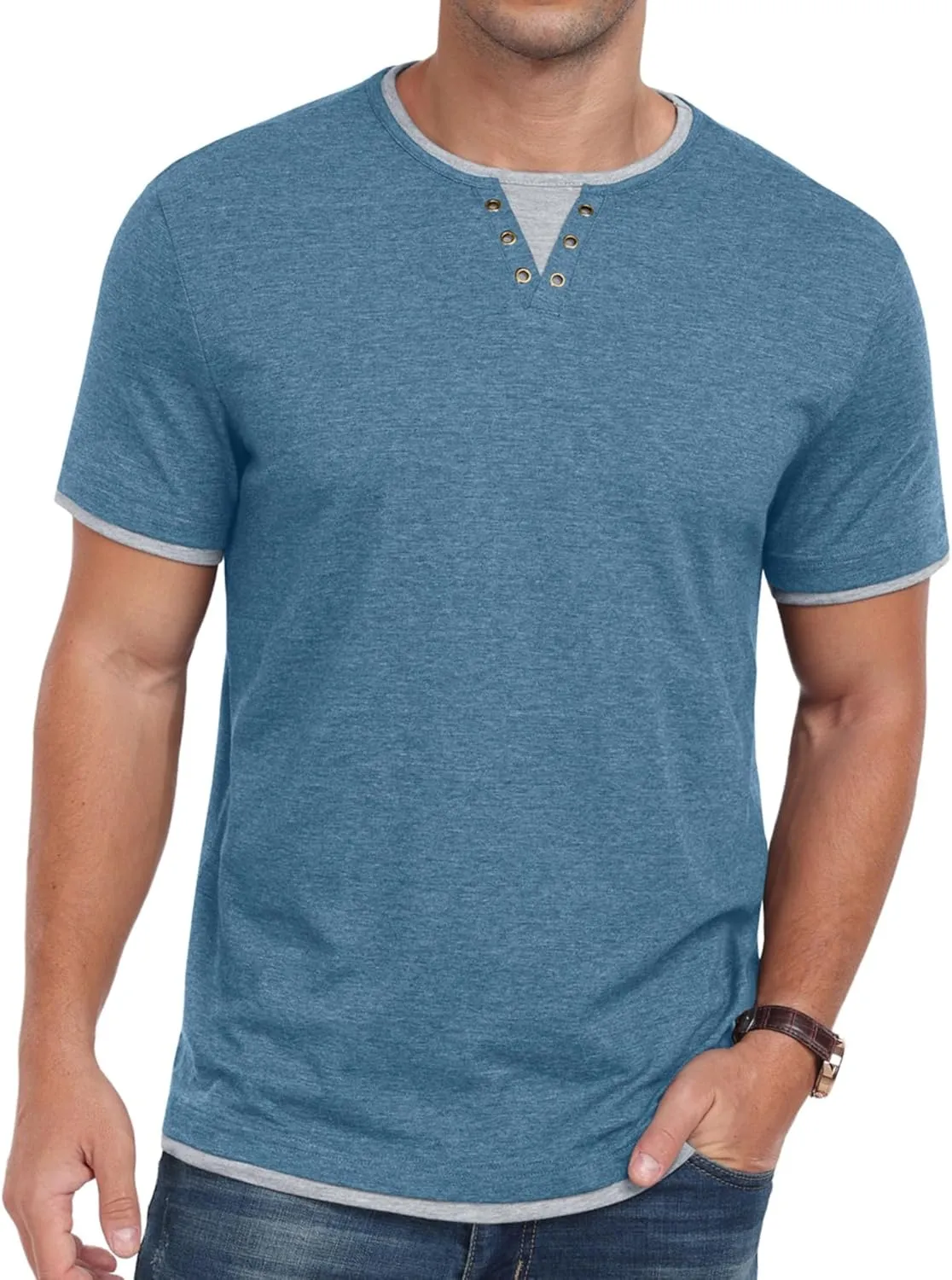 Men's Henley T-Shirt Short Sleeve Casual Lightweight Pullover Shirts Soft Stretch Basic Tees V Neck Metal Design Tops