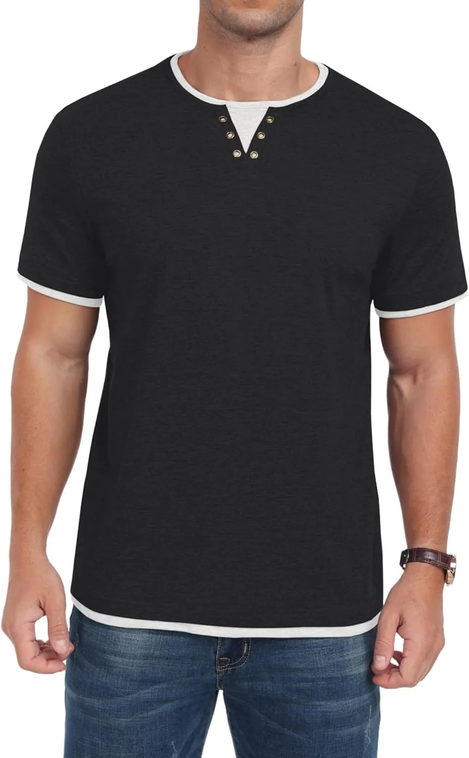 Men's Henley T-Shirt Short Sleeve Casual Lightweight Pullover Shirts Soft Stretch Basic Tees V Neck Metal Design Tops